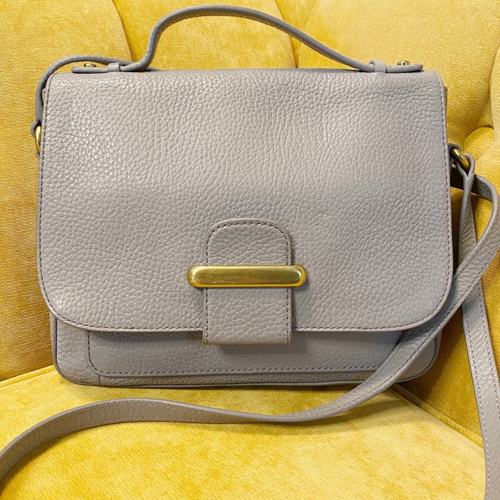 Fossil Grey Pebbled Leather Flap Shoulder Crossbody Bag